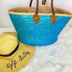 Moroccan Jute and Leather Tote with Blue Sequins